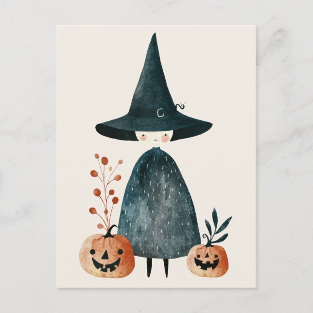 Carte Postale Sorcière aquarelle et Jack-o-lanternes Mignonne Ha (Devant)