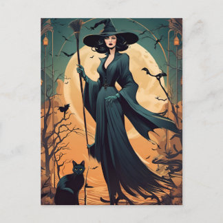 Carte Postale Sorcière Art Déco avec chat noir et Pleine lune