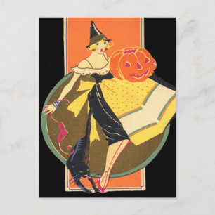 Carte Postale Sorcière Art Déco Jack-o'-lantern Citrouille Chat