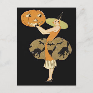 Carte Postale Sorcière Art Déco Jack-o'-lantern Citrouille Chat 