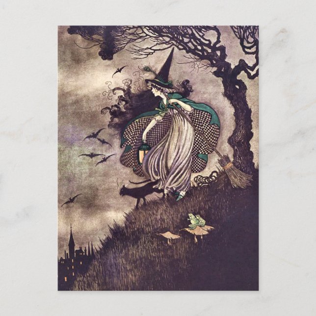 Carte Postale Sorcière Art Nouveau sous un arbre avec balai chat (Devant)