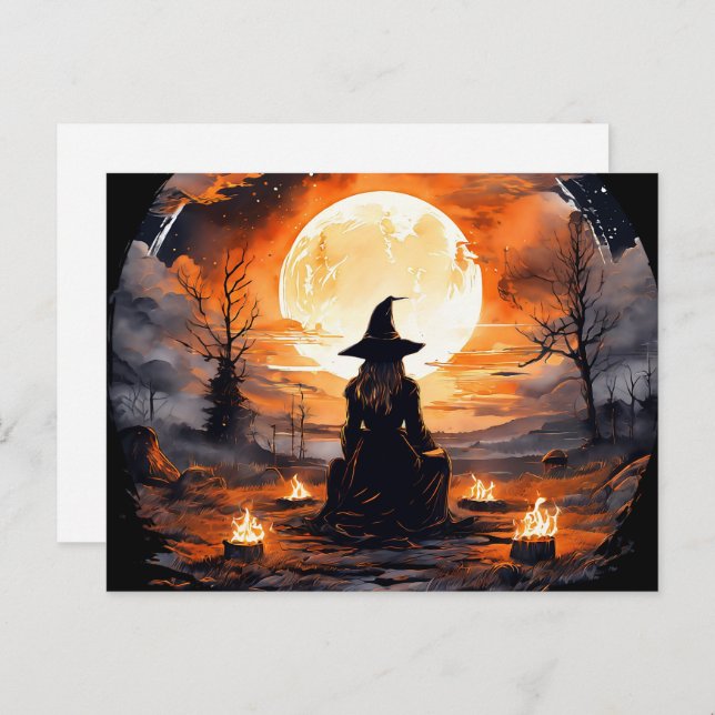 Carte Postale Sorcière avec bougies et feu - Wicca Halloween 2 (Devant / Derrière)