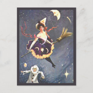 Carte Postale Sorcière avec clown et araignées Webs Vintage Hall
