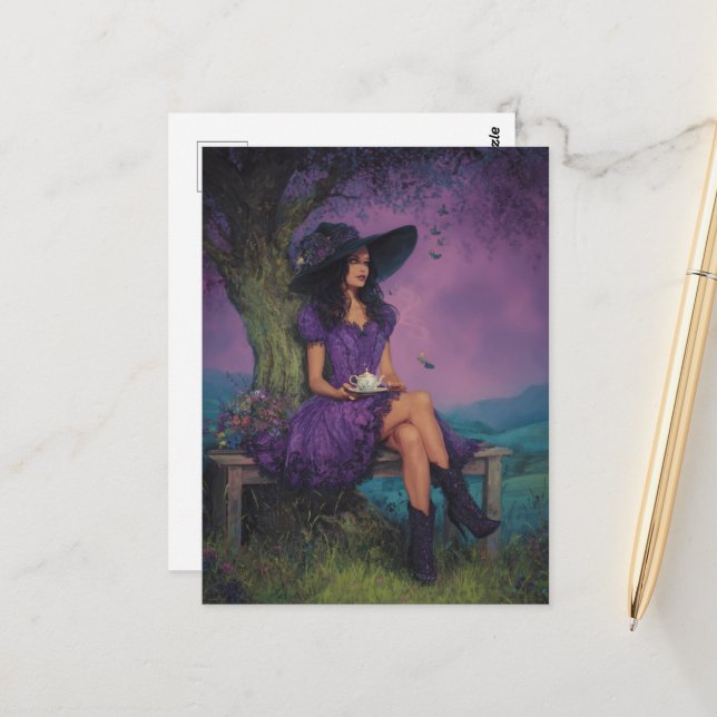 Carte Postale Sorcière avec thé sur un banc sous un arbre (Devant/Arrière en situation)