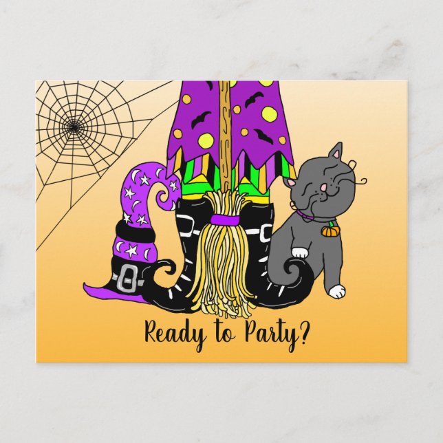 Carte Postale Sorcière, Chat et Spiderweb mignonne Halloween Inv (Devant)