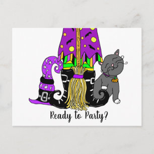 Carte Postale Sorcière, Chat et Spiderweb mignonne Halloween Inv