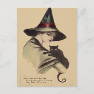 Carte Postale Sorcière Chat Noir Souriant Heureux
