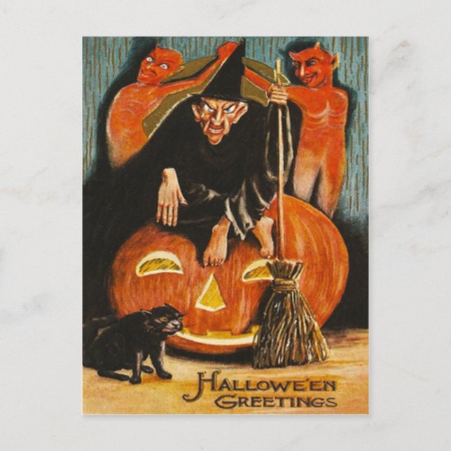 Carte Postale Sorcière Citrouille Diable Démon Chat Noir (Devant)