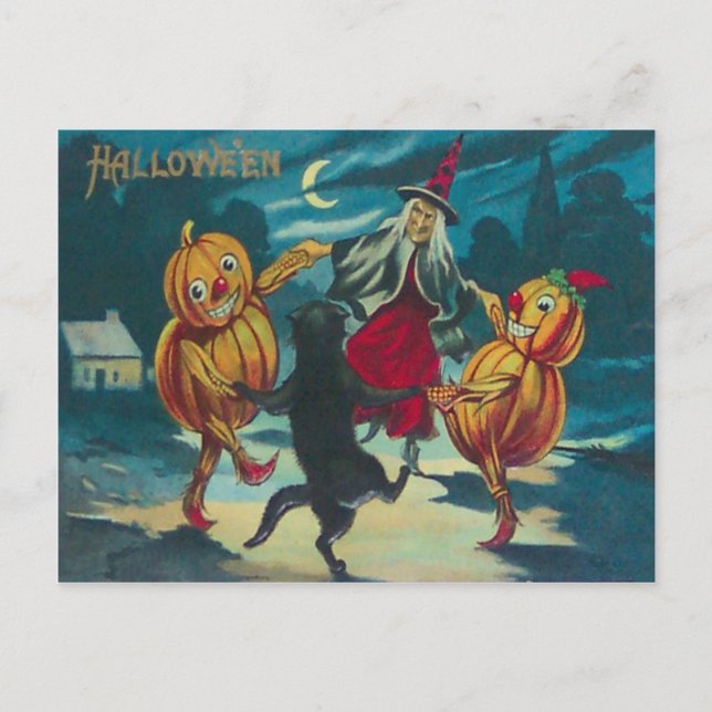 Carte Postale Sorcière dansante Jack O'Lantern Monster Chat noir (Devant)
