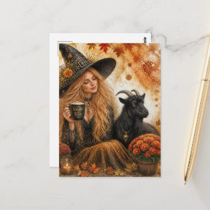 Carte Postale Sorcière d'automne et chèvre