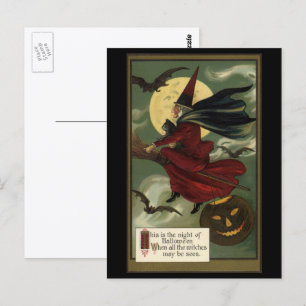 Carte Postale Sorcière de Halloween vintage chevauchant un balai