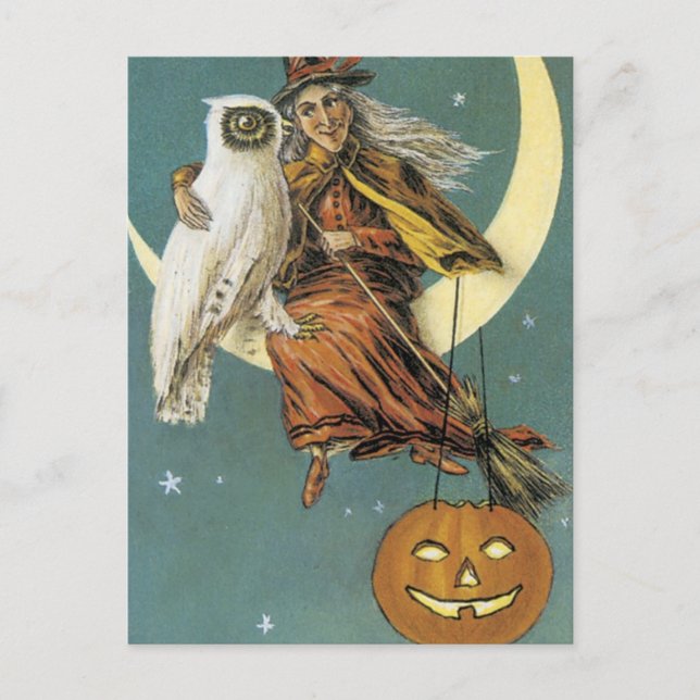 Carte Postale Sorcière d'Halloween à l'ancienne et la lune (Devant)