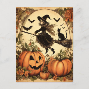 Carte Postale Sorcière d'Halloween avec chambre et chat