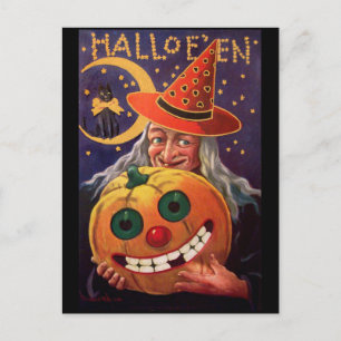Carte Postale Sorcière d'Halloween avec Citrouille drôle