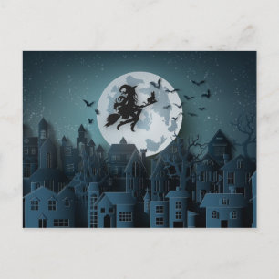 Carte Postale Sorcière d'Halloween coupée au-dessus de la ville