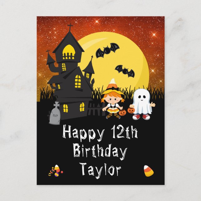 Carte Postale Sorcière d'Halloween Fantôme Orange Joyeux Anniver (Devant)