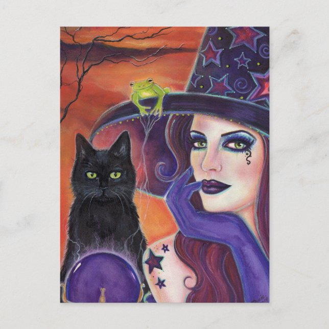 Carte Postale sorcière d'Halloween magique avec chat noir. (Devant)