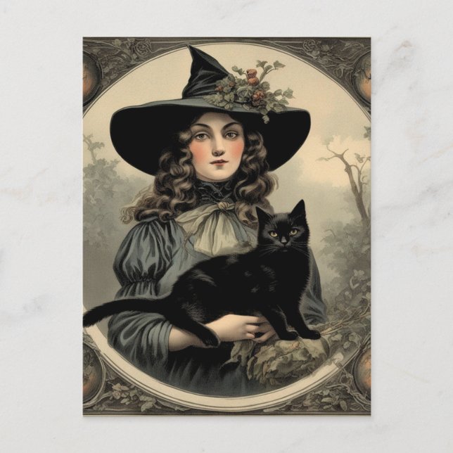 Carte Postale Sorcière d'Halloween rétro et chat noir (Devant)