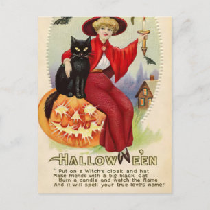 Carte Postale Sorcière d'Halloween vintage et chat noir