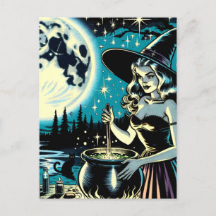 Carte Postale Sorcière d'Halloween vintage remuant un Cauldron