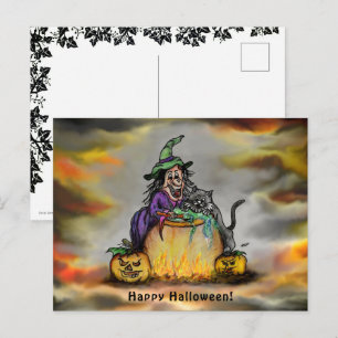 Carte Postale Sorcière et chat noir, Happy Halloween !