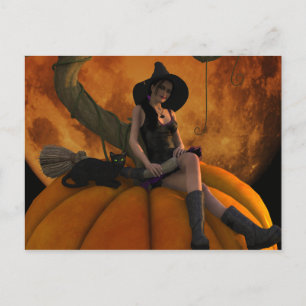 Carte Postale Sorcière et chat sur Citrouille géant