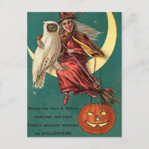 Carte postale Sorcière et hibou vintage