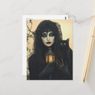Carte Postale Sorcière et son chat noir