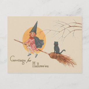 Carte Postale Sorcière Fille Volante Chat Noir Pleine Lune