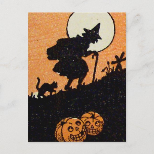 Carte Postale Sorcière heure Chat noir Jack-o'-lantern (Devant)