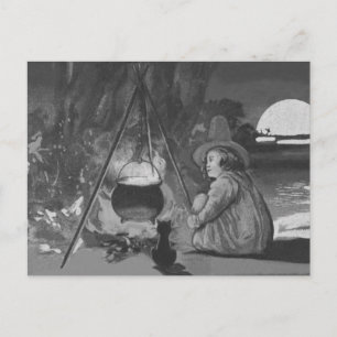 Carte Postale Sorcière monochrome Chat noir Chaudron Pleine lune
