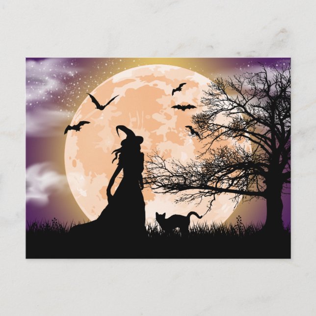 Carte Postale Sorcière mystique, Chat noir, Pleine lune (Devant)
