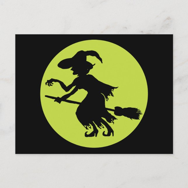 Carte Postale Sorcière rétro sur Broom Silhouette (Devant)