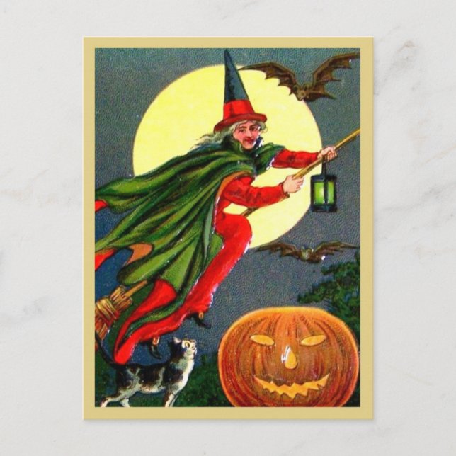 Carte Postale Sorcière rouge volant sur Broomstick - Halloween V (Devant)