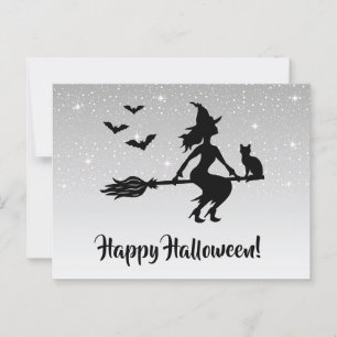 Carte Postale Sorcière Sur Un Balai Halloween Gris Argent Et Noi