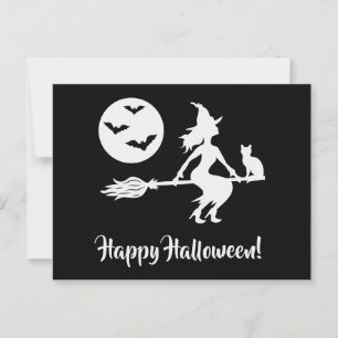 Carte Postale Sorcière Sur Un Broom Noir Et Blanc Joyeux Hallowe