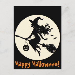 Carte Postale Sorcière sur un Halloween Broomstick