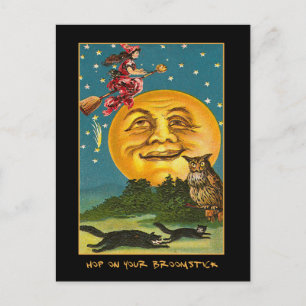 Carte Postale Sorcière vintage sur la lune avec Invitation de te