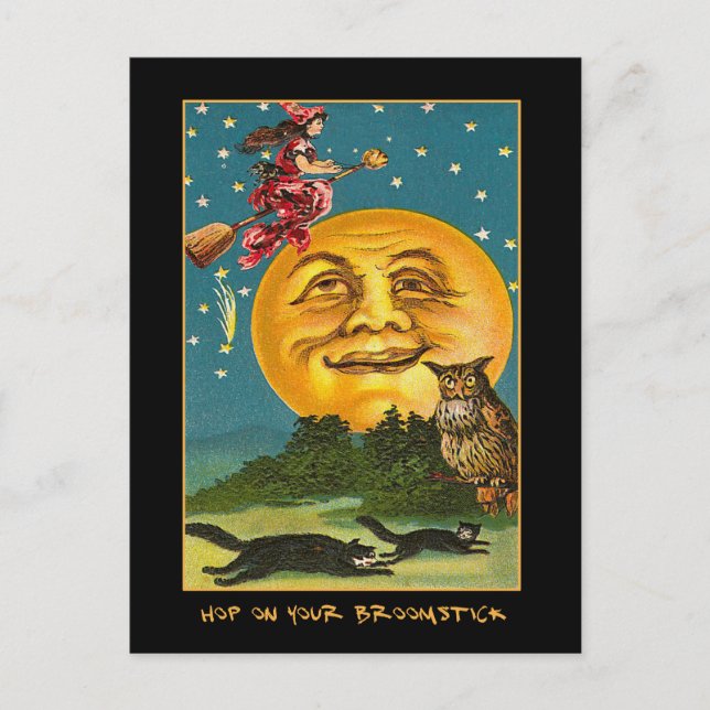 Carte Postale Sorcière vintage sur la lune avec Invitation de te (Devant)
