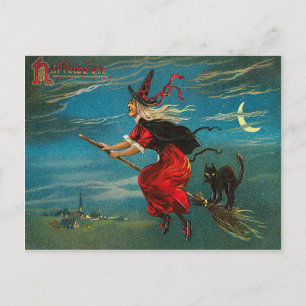 Carte Postale Sorcière Volant Chat noir Crescent Lune