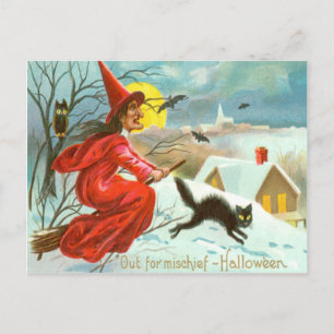 Carte Postale Sorcière volante Chat noir Hibou Chauve-souris Nei