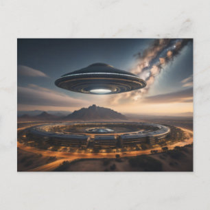 Carte Postale Soucoupe volante UFO au-dessus d'une ville Alien