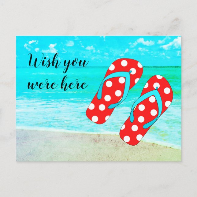 Carte Postale Souhaitez-Vous Été Ici Red Flip Flops Plage Vacanc (Devant)