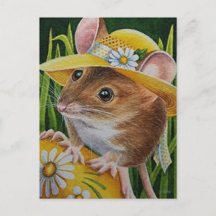 Carte Postale Souris à Bonnet Trouvé Oeuf Jaune Aquarelle Art
