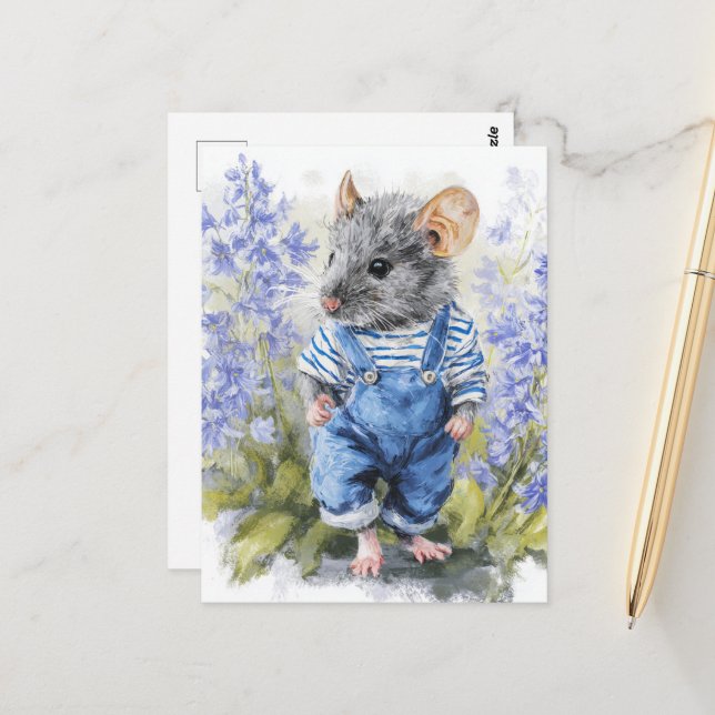 Carte Postale Souris adorable à Denim dans les fleurs (Devant/Arrière en situation)