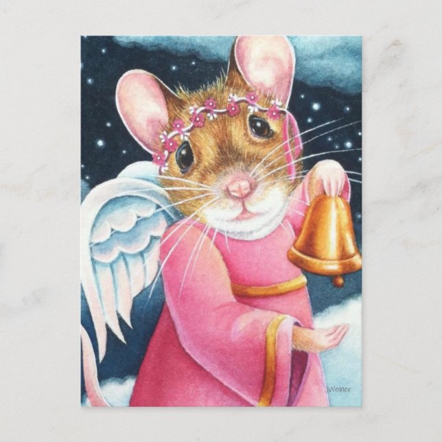 Carte Postale Souris ange de Noël sonnant la cloche Art aquarell (Devant)