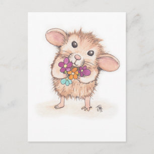 Carte Postale Souris avec Bouquet de fleurs