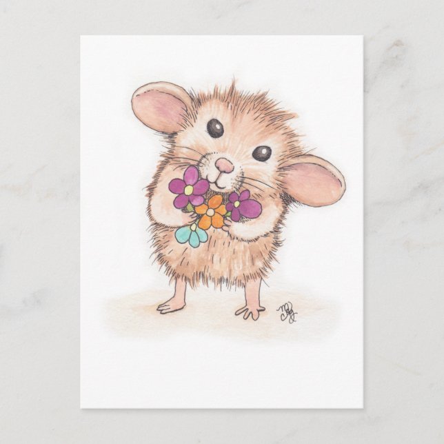Carte Postale Souris avec Bouquet de fleurs (Devant)