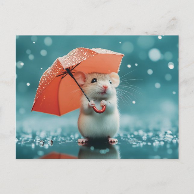 Carte Postale Souris avec parapluie dans la pluie : belle scène  (Devant)