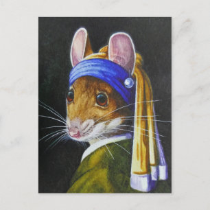Carte Postale Souris avec perle oreille parodique aquarelle art